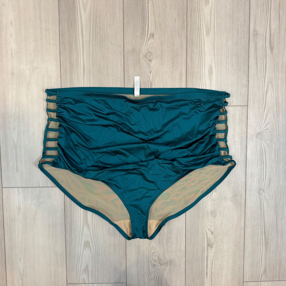 Swim by Cacique Teal Green Ruched High Waisted Caged Side Bikini Bottoms 32